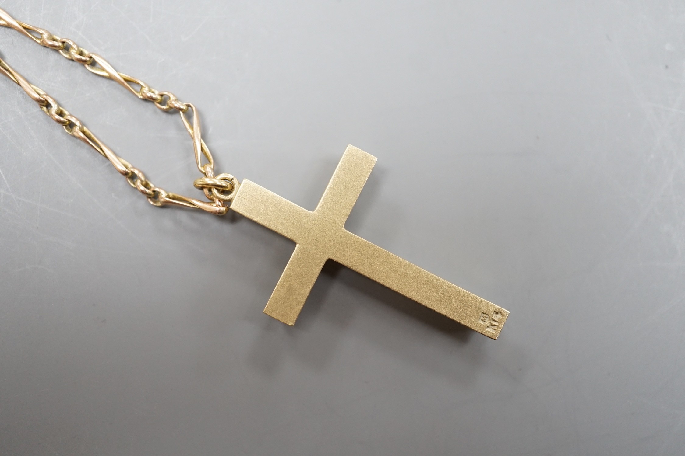A Mikimoto 14k yellow metal and cultured pearl cluster set cross pendant, 35mm, on an associated yellow metal chain, gross weight 8.7 grams.